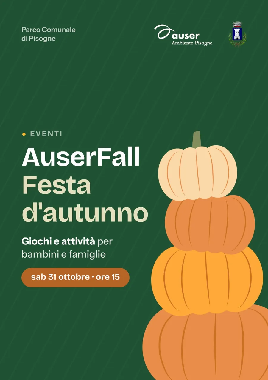 Locandina di AuserFall, festa d'autunno di sabato 31 ottobre al Parco Comunale di Pisogne, dalle ore 15: giochi e attività per bambini e famiglie