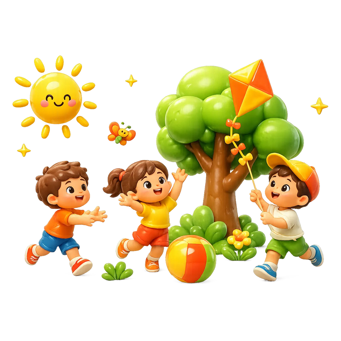 Illustrazione di bambini che giocano in un parco con un albero, il sole e un aquilone
