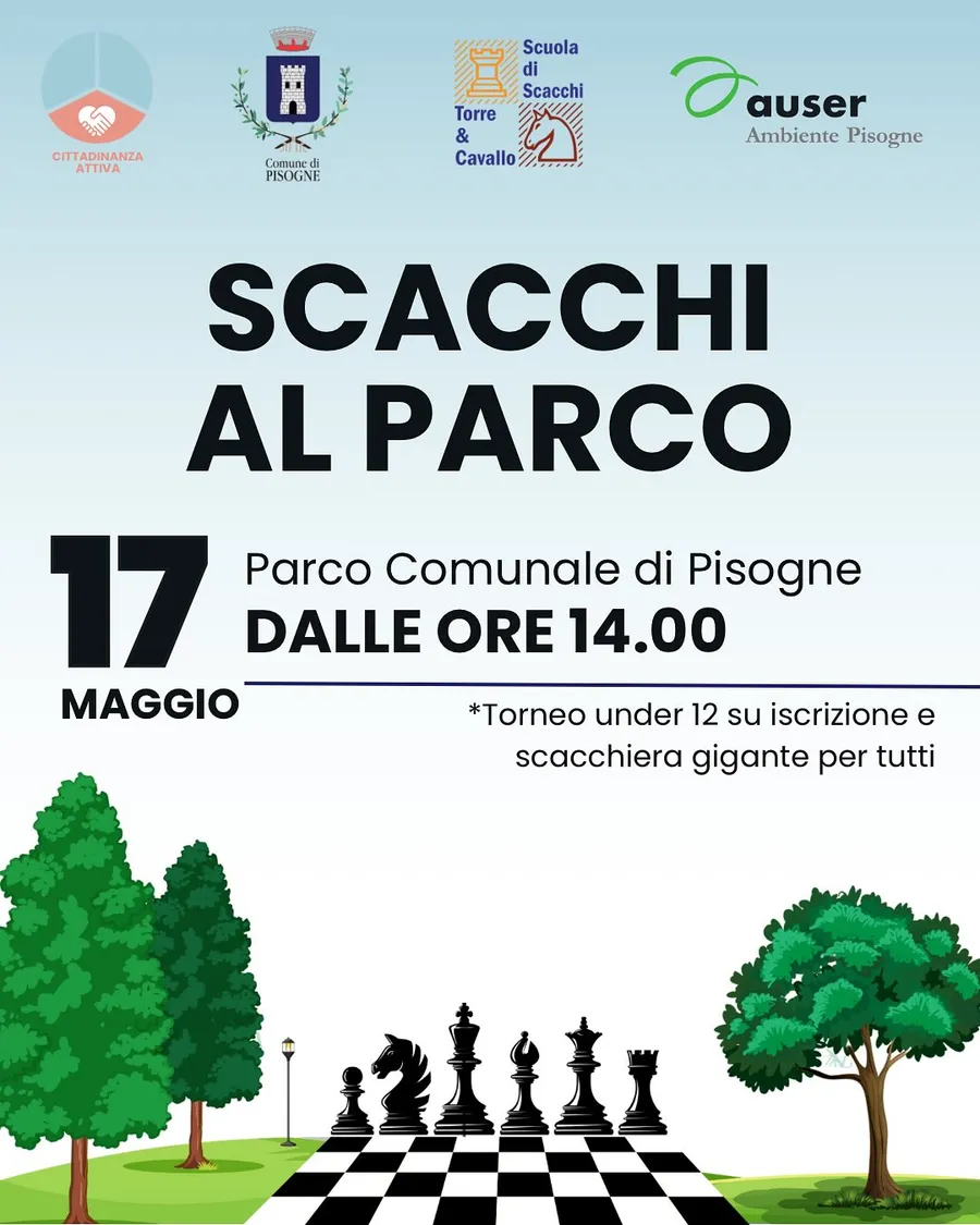 Locandina di Scacchi al parco, 17 maggio al Parco Comunale di Pisogne dalle ore 14.00